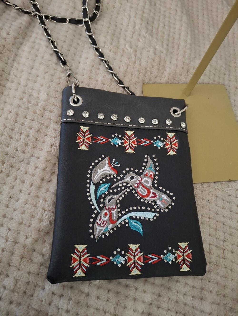 The Chick Black Embroidered Crossbody Bag with Stud Accents